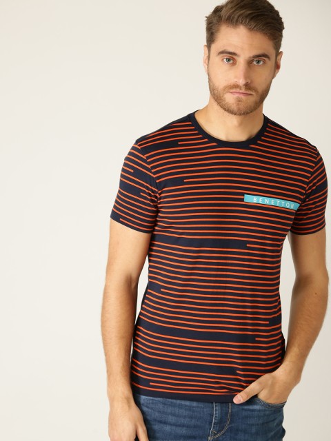 

United Colors of Benetton Men Navy Blue & Orange Striped Round Neck T-shirt