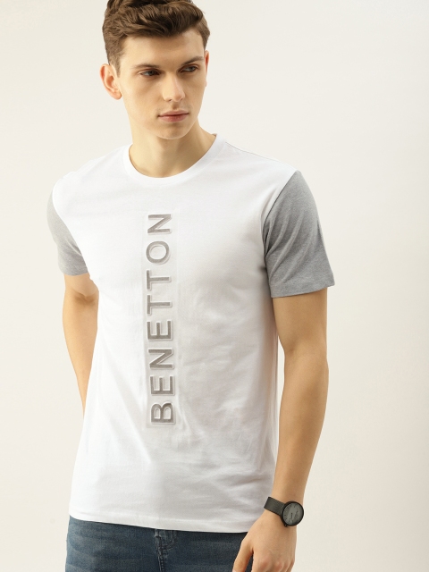 

United Colors of Benetton Men White Grey Printed Round Neck Pure Cotton T-shirt