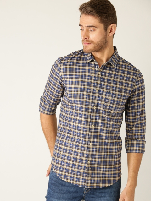 

United Colors of Benetton Men Navy Blue & Beige Slim Fit Checked Casual Shirt