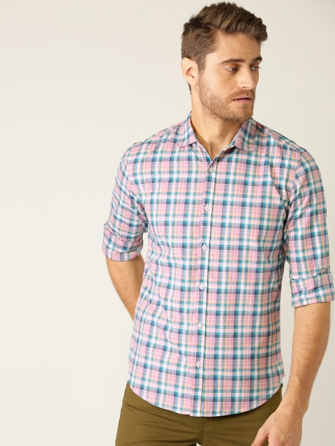 

United Colors of Benetton Men Pink & Teal Blue Regular Fit Checked Casual Shirt