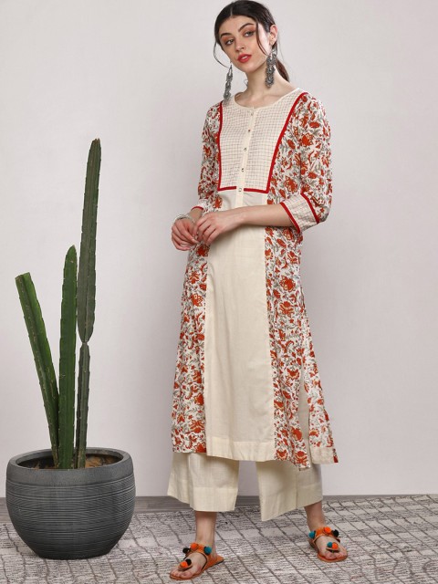 

Sangria Women Off-White & Orange Floral Printed Straight Kurta Set
