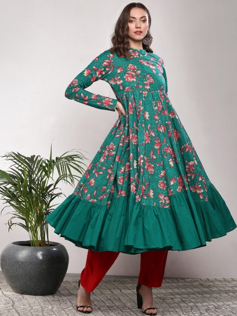 

Sangria Women Green Floral Print Tiered Anarkali Kurta