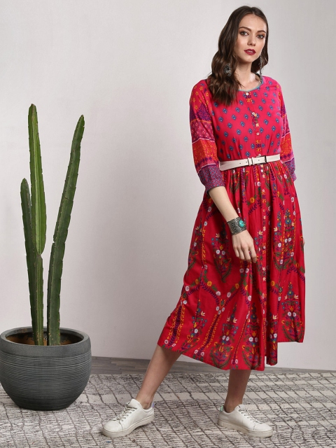 

Sangria Women Fuchsia Printed A-Line Kurta With Round Neck And Full Placket Detail