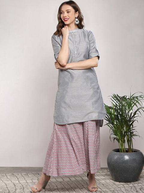 

Sangria Women Grey & Pink Solid Kurta with Palazzos & Dupatta