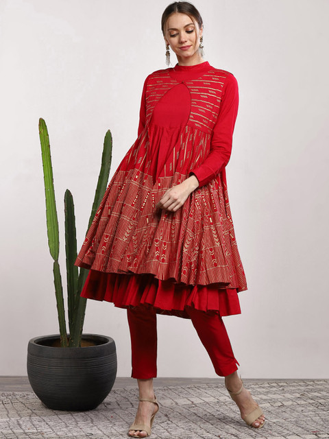 

Sangria Women Red Printed Kurta with Trousers