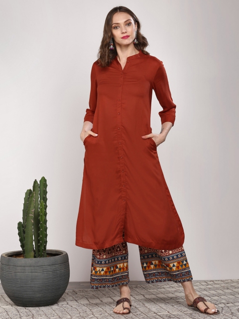 

Sangria Women Rust Orange & Blue Solid Kurta with Palazzos