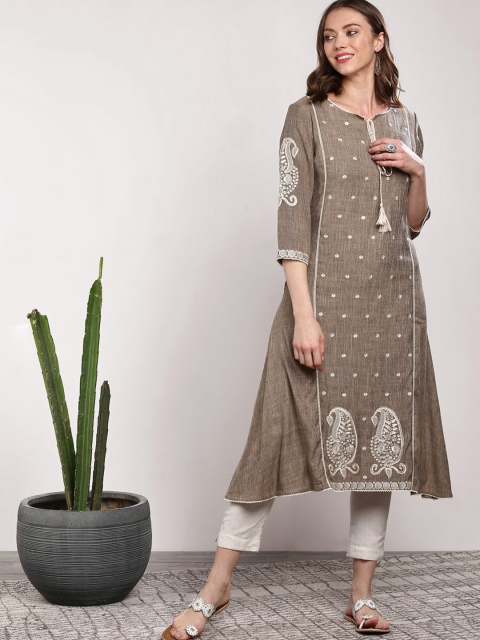 

Sangria Women Taupe Embroidered Asymmetric A-Line Kurta