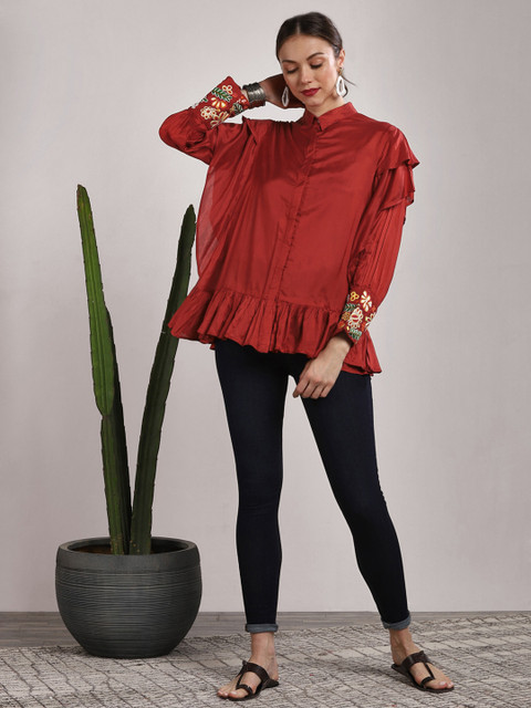 

Sangria Women Red Printed Boxy Peplum Pure Cotton Top