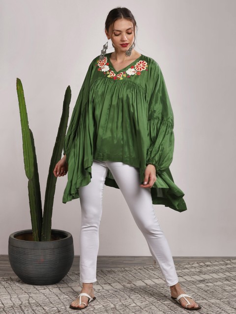 

Sangria Women Green Embroidered Pure Cotton Top