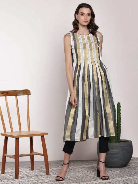 

Sangria Women White & Charcoal Grey Striped A-Line Kurta