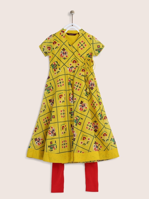

Sangria Girls Mustard Yellow & Red Printed Kurta with Churidar