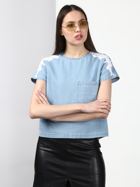 

Miss Bennett Blue Solid Denim Crop Top