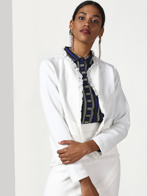 

Miss Bennett Women Off-White Solid Open Front Jacket
