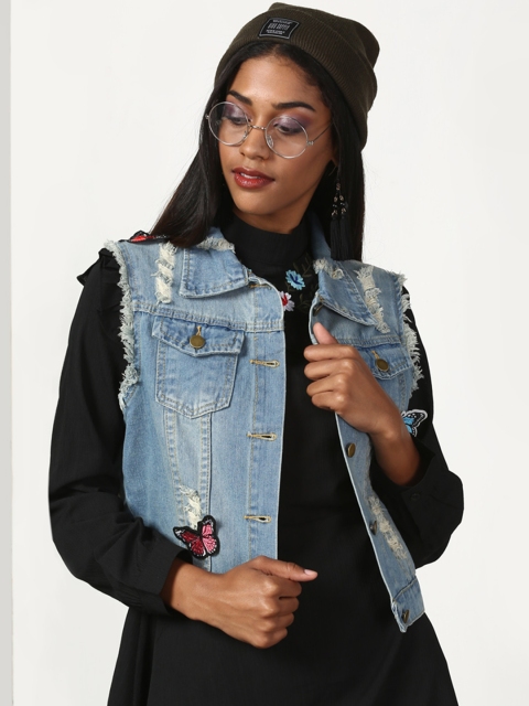 

Miss Bennett Women Blue Solid Sleeveless Denim Jacket