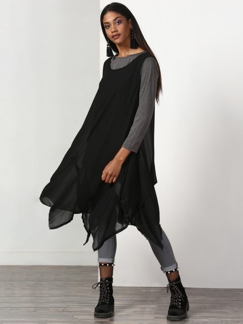 

Miss Bennett Women Grey Melange & Black Solid Layered Top