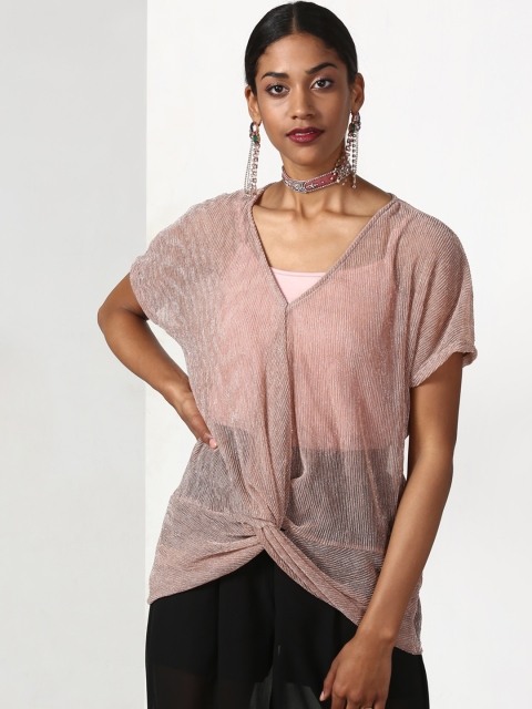 

Miss Bennett Women Peach-Coloured Solid Sheer High-Low Top