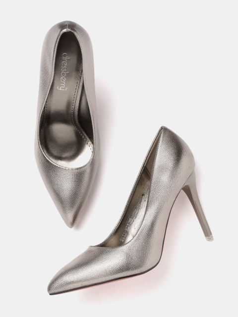 

DressBerry Women Gunmetal-Toned Textured Pumps, Metallic