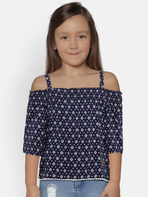 

612 league Girls Navy Blue Printed Top
