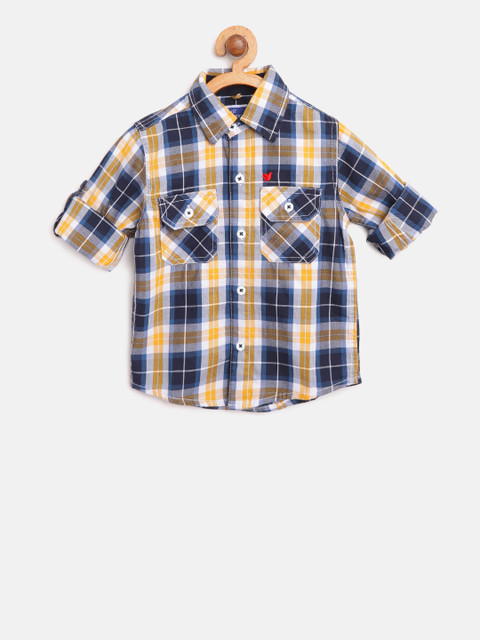 

612 league Boys Navy & Yellow Regular Fit Hooded Checked Casual Shirt, Navy blue