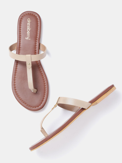 

DressBerry Women Beige Solid T-Strap Flats