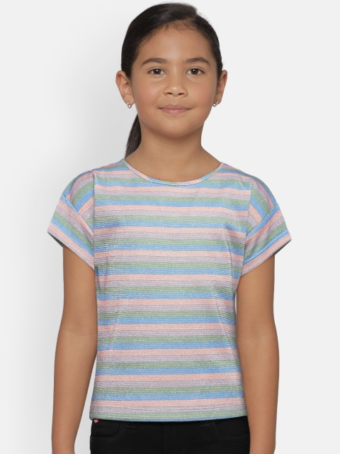 

United Colors of Benetton Girls Blue & Green Striped Boxy Top
