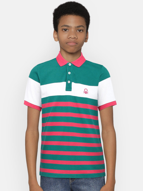 

United Colors of Benetton Boys Green & Pink Striped Polo Collar T-shirt