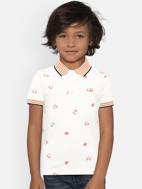 

United Colors of Benetton Boys Off-White Printed Polo Collar T-shirt