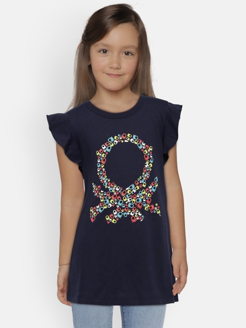 

United Colors of Benetton Girls Navy Blue Printed Pure Cotton Top