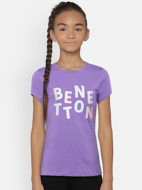 

United Colors of Benetton Girls Purple Printed Round Neck T-shirt