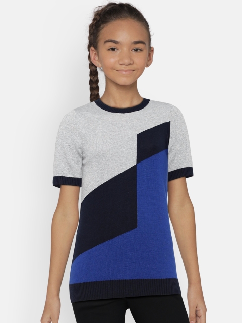 

United Colors of Benetton Girls Grey Melange & Navy Colourblocked Round Neck T-shirt