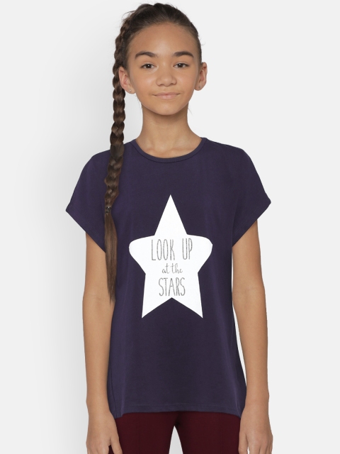 

United Colors of Benetton Girls Navy Blue Printed Round Neck T-shirt