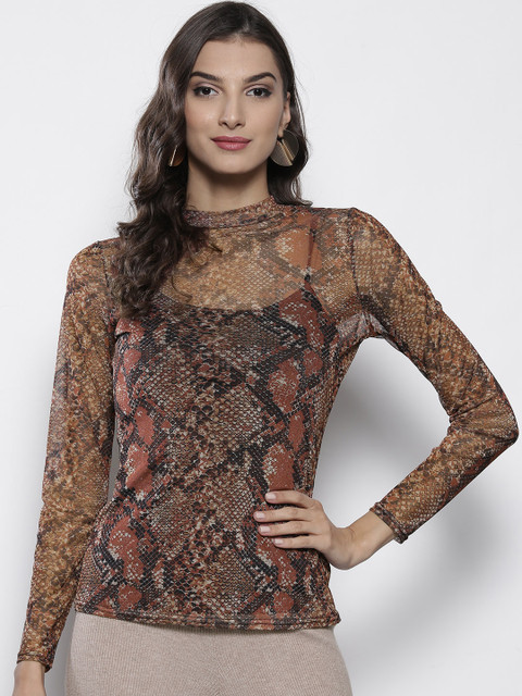 

DOROTHY PERKINS Women Brown & Black Net Printed Top