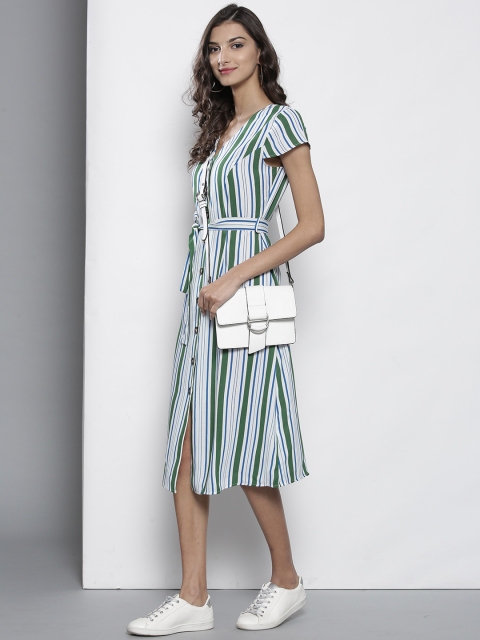 

DOROTHY PERKINS Women White & Green Striped A-Line Dress