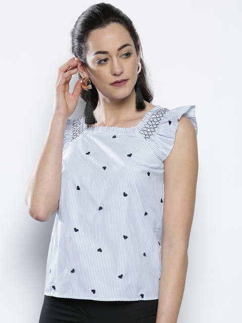 

DOROTHY PERKINS Women White & Blue Striped Pure Cotton Top