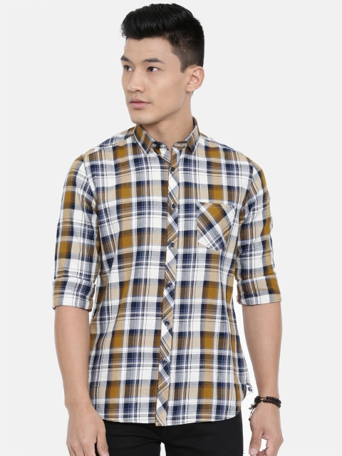 

Killer Men Mustard Yellow & Navy Blue Slim Fit Checked Casual Shirt