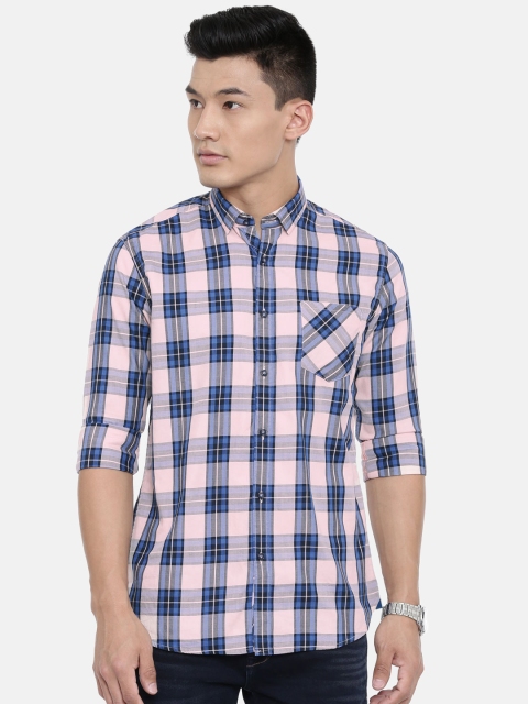 

Killer Men Peach-Coloured & Blue Slim Fit Checked Casual Shirt