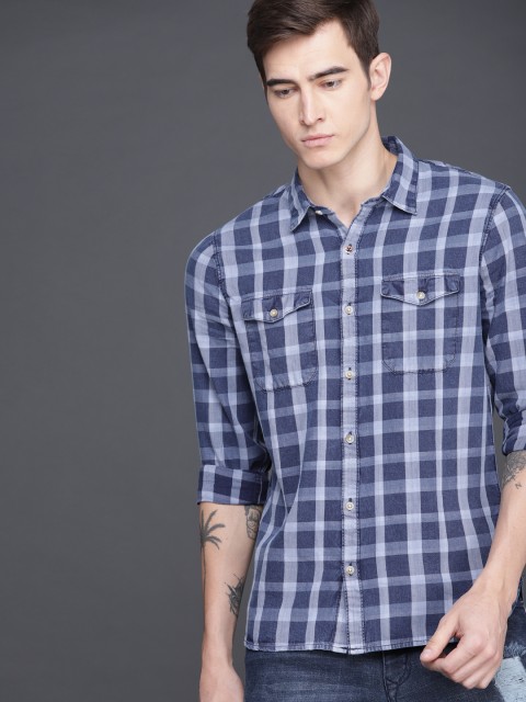 

WROGN Men Blue Slim Fit Checked Casual Shirt