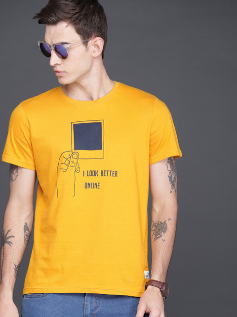 

WROGN Men Mustard Yellow Printed Round Neck T-shirt