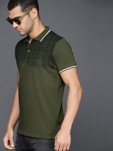 

WROGN Men Olive Green Printed Polo Collar T-shirt