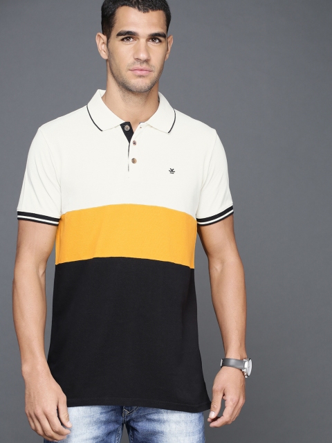 

WROGN Men Off-White & Black Slim Fit Colourblocked Polo Collar T-shirt