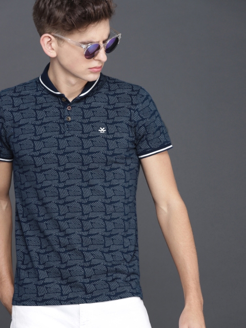 

WROGN Men Navy Blue Printed Polo Collar Pure Cotton T-shirt