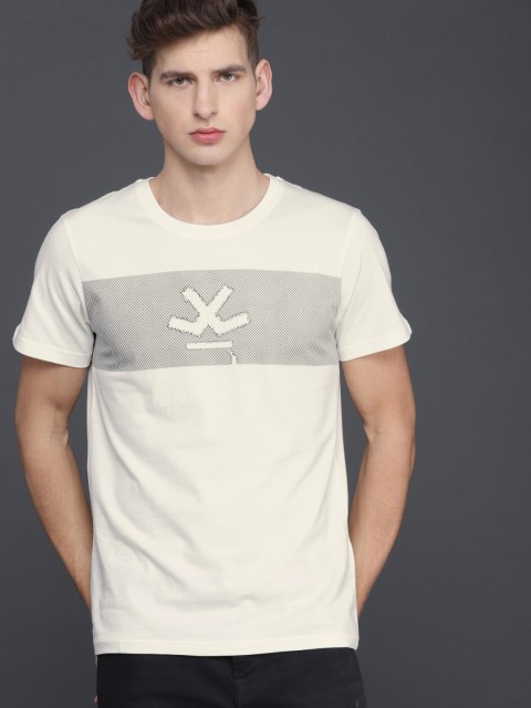 

WROGN Men Cream-Coloured Printed Round Neck T-shirt