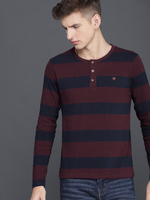 

WROGN Men Maroon & Navy Striped Henley Neck T-shirt