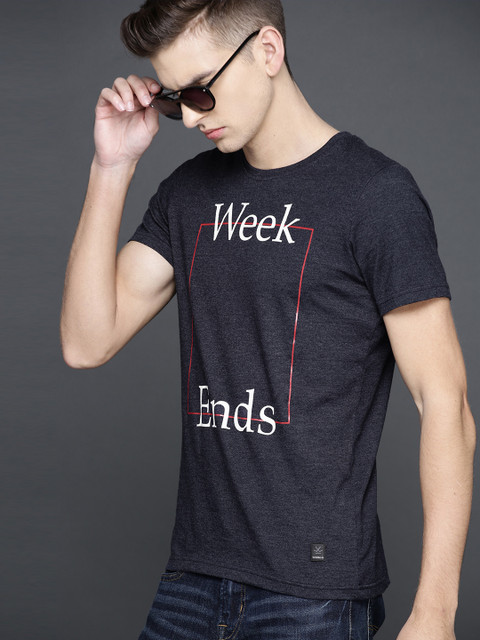 

WROGN Men Navy Blue Melange Printed Round Neck T-shirt