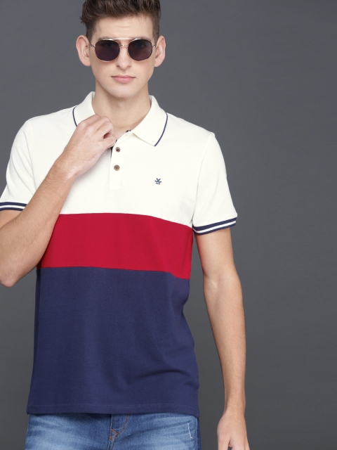 

WROGN Men Off-White & Blue Colourblocked Polo Collar T-shirt