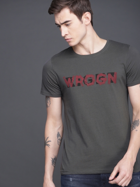 

WROGN Men Charcoal Grey Slim Fit Printed Round Neck T-shirt