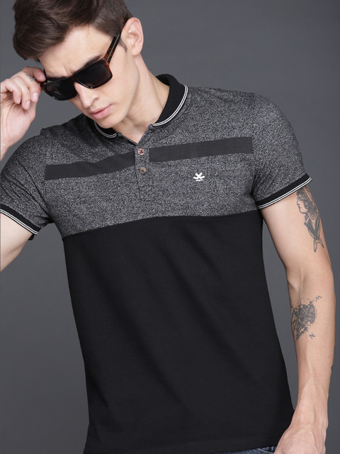 

WROGN Men Black & Grey Colourblocked Polo Collar T-shirt