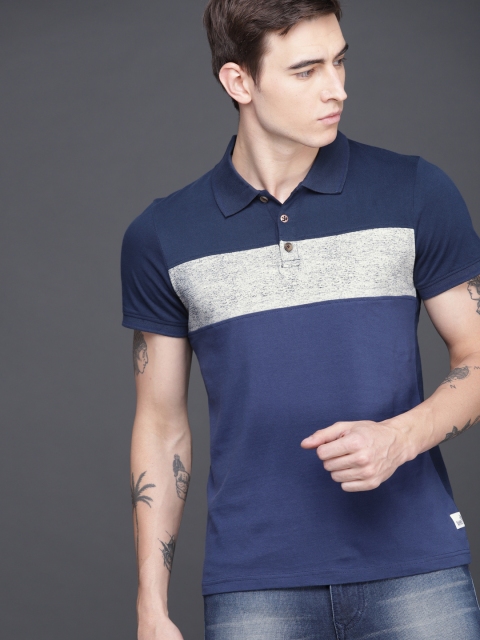 

WROGN Men Blue Striped Polo Collar T-shirt