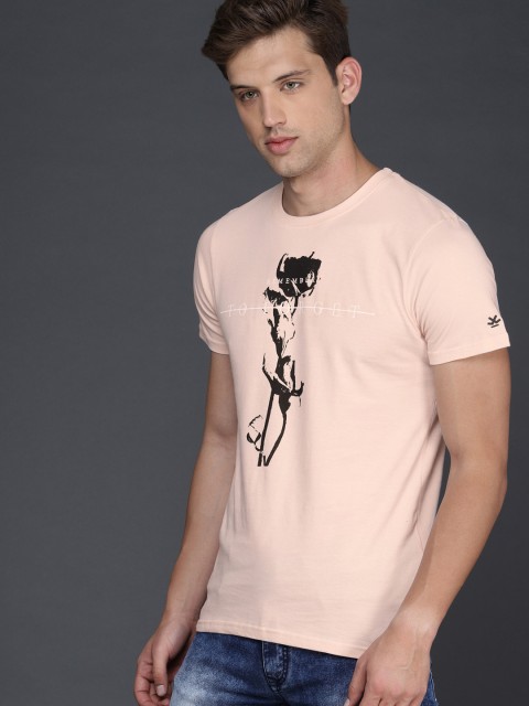 

WROGN Men Peach-Coloured Printed Round Neck T-shirt