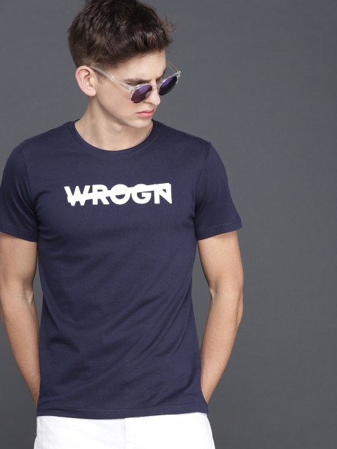 

WROGN Men Navy Blue Printed Round Neck Slim Fit T-shirt